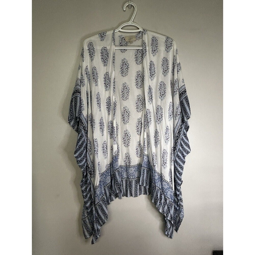 Loft Kimono Open-Front paisley Cover-up One Size Lightweight Blue/White Bohemian